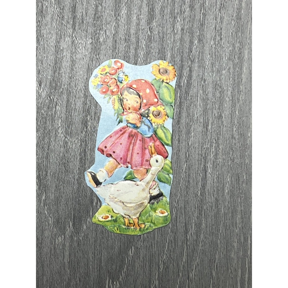 Vintage Die-Cut Paper Ephemera Little Girl Goose Sunflowers Flowers Illustration